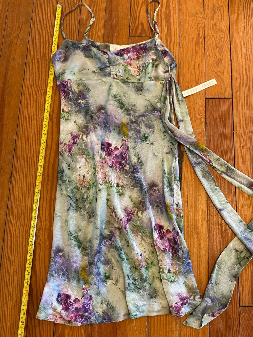 Anthropologie Watercolor Floral Midi spaghetti strap Dress with Sash / MP Petite